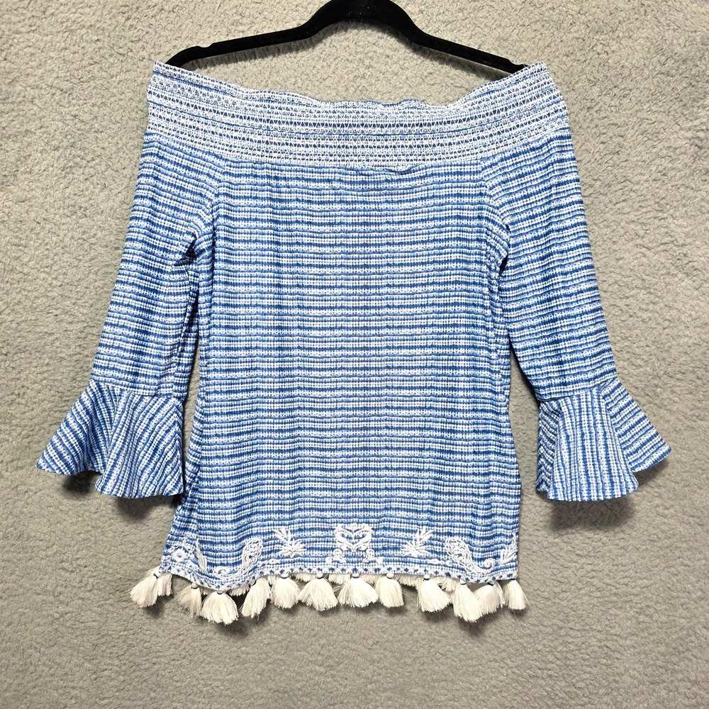 CABANA‎ LIFE Women's Size Small Smocked Off Shoulder Ruffle Sleeve Blue Top